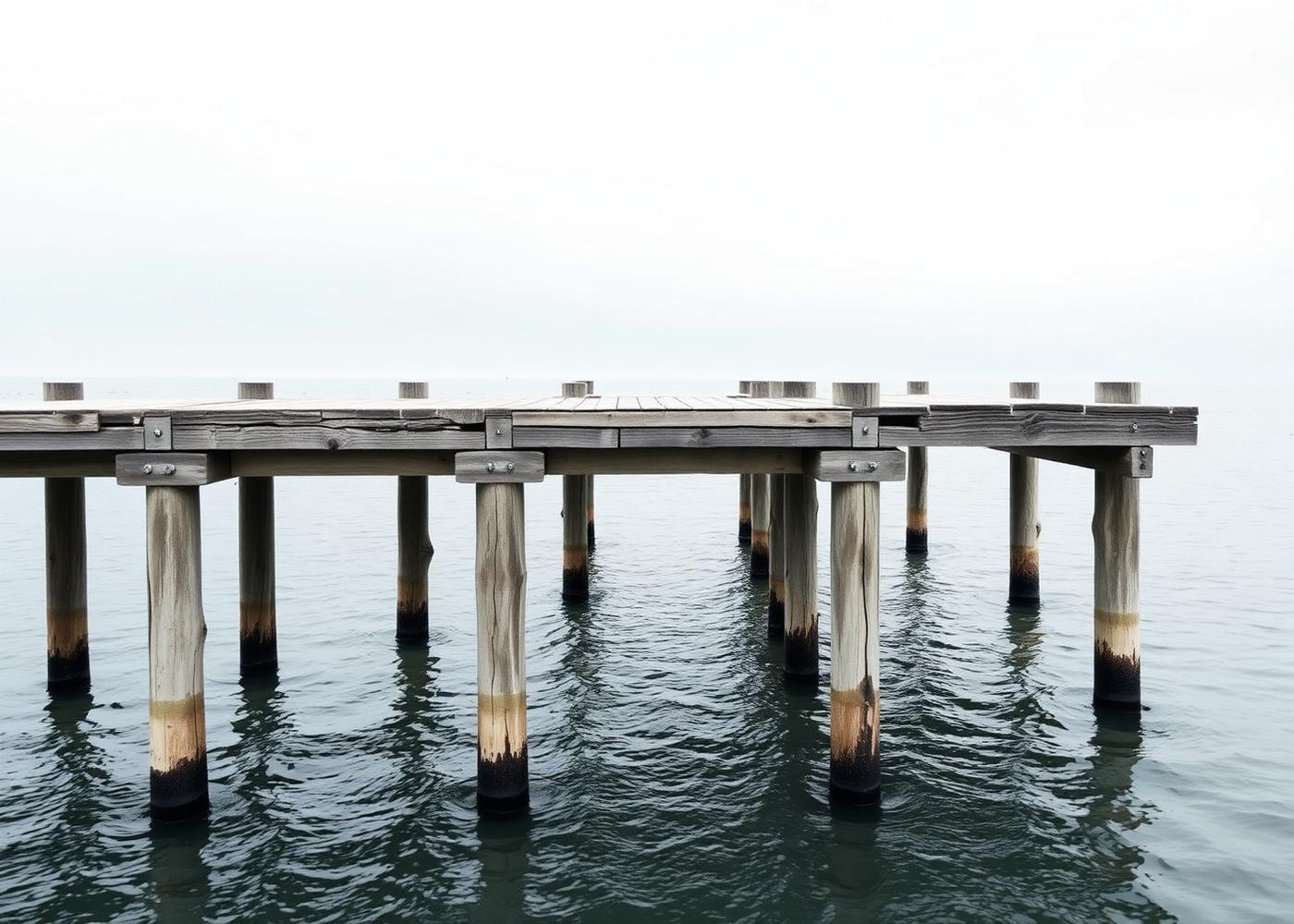 Weathered pier pilings meeting still water under soft overcast Lowcountry light
