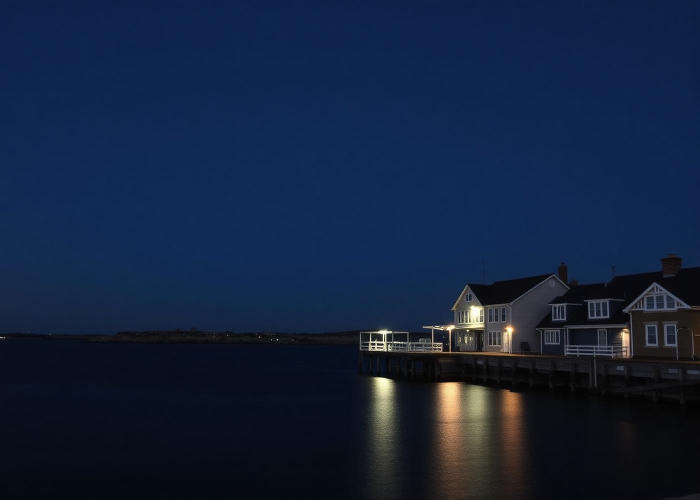 Understated Lowcountry waterfront architecture at dusk beside calm water